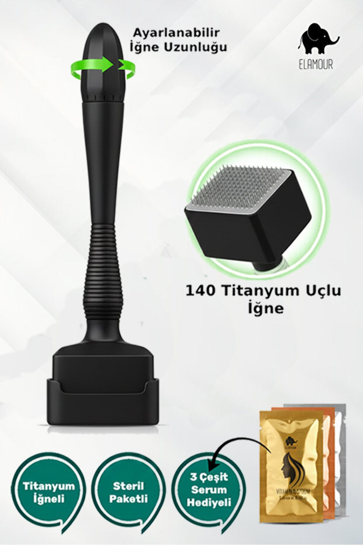 140 Titanyum İğneli Ayarlanabilir İğne Ölçülü (0.25-3.0mm) - Serum Hediyeli - Siyah Dermastamp
