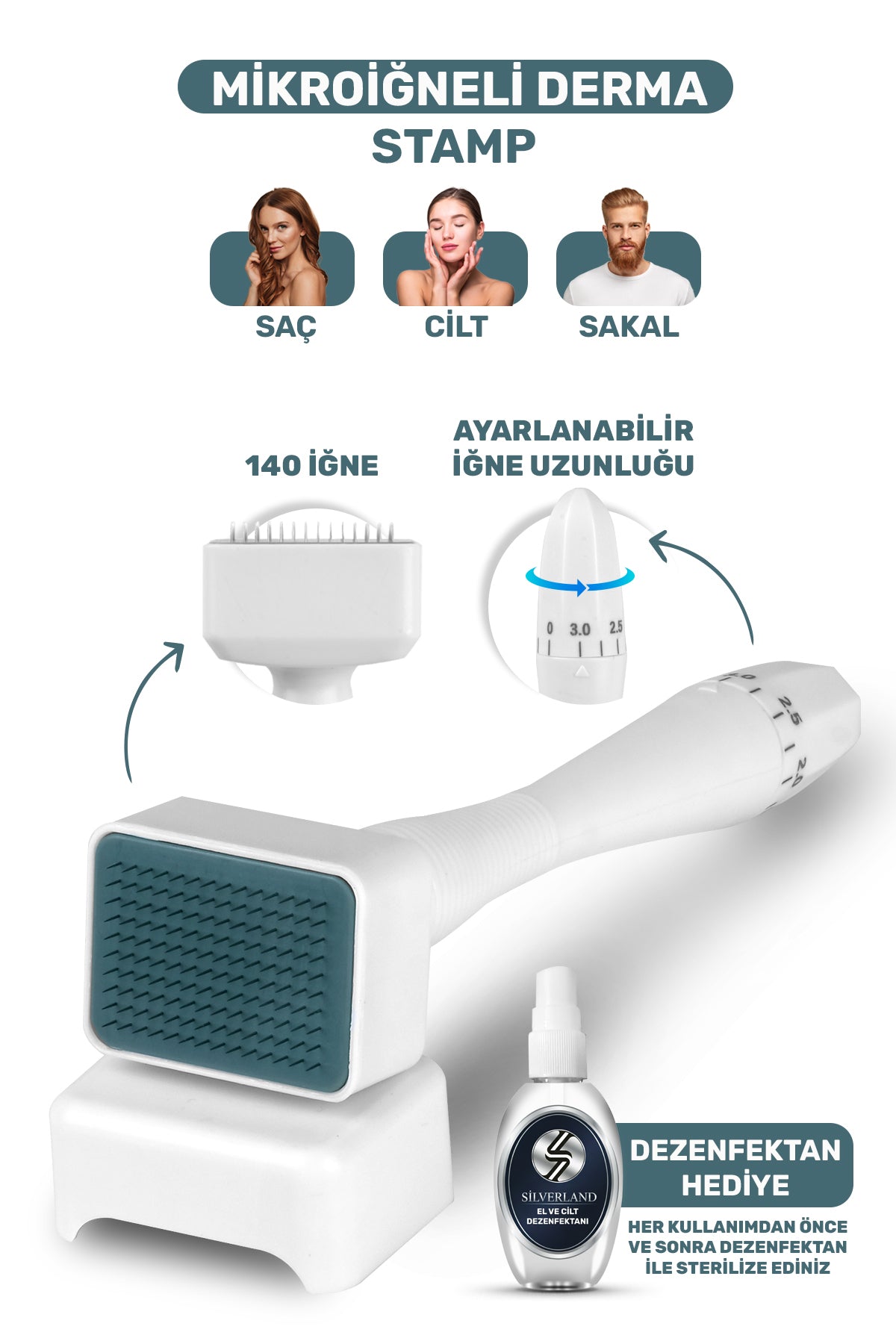 2'li Bakım Seti - 140 Titanyum İğneli , Ayarlanabilir 10 İğne Ölçülü DermaStamp  (0.25mm-3.00mm) Dezenfektan Hediyeli