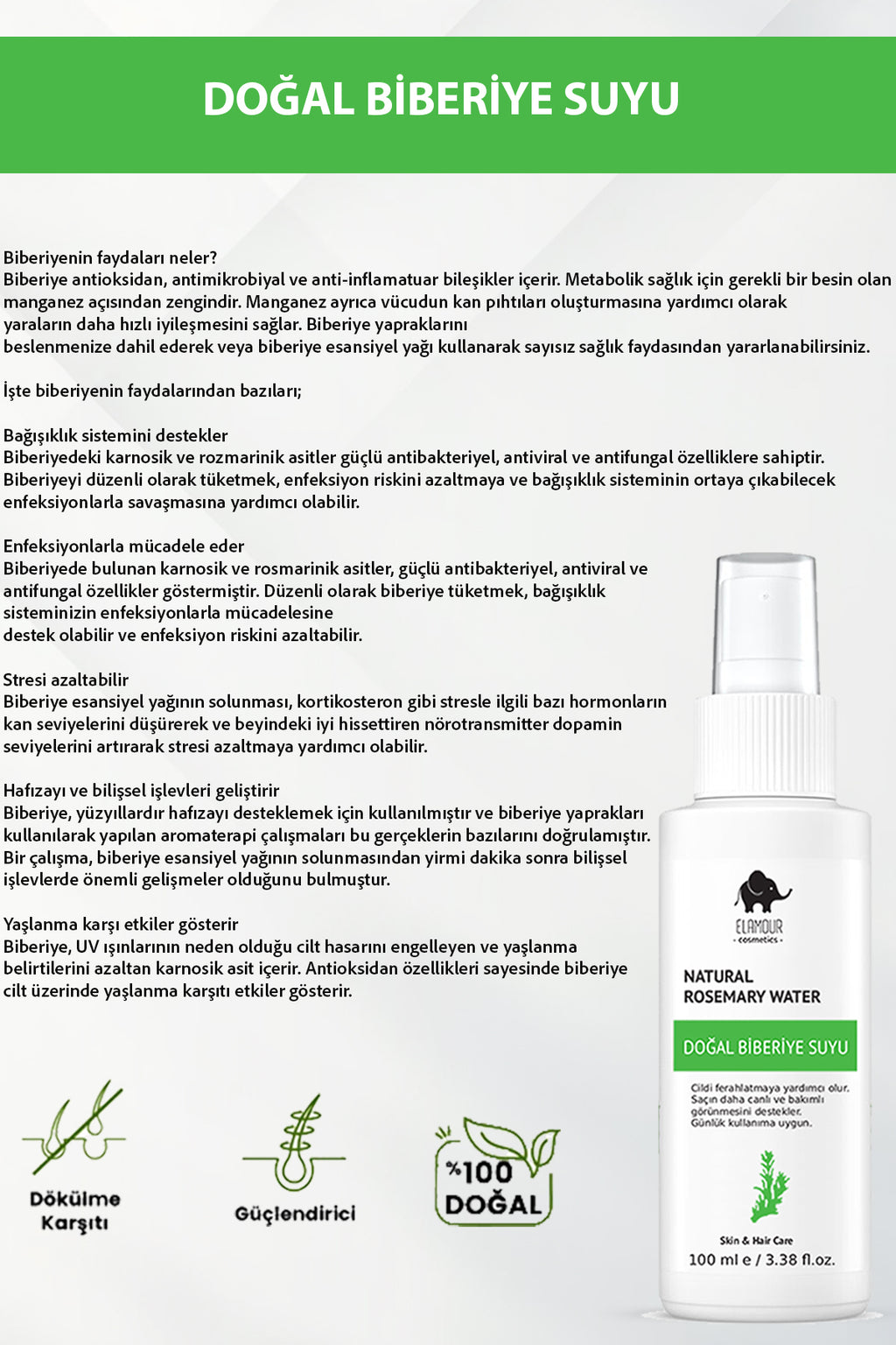 Biberiye Suyu Dökülme Karşıtı ve Saç Uzamasını Destekleyici Saç Toniği %100 Doğal ve Saf 100 ml